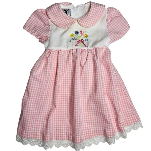 Good Lad Vintage 90s Baby Pink Gingham Floral Embroidered Dress - Picture 1 of 5
